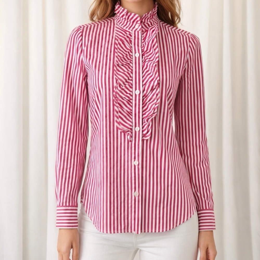 Vineyard Vines Hot Pink & White Striped Ruffle Accent Swiss Dot Button-Up Size 2